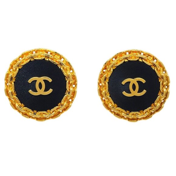 Chanel Button Earrings Clip-On Black Gold 93A - Picture 1 of 4